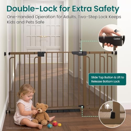Cumbor 30.4-56.8" Extra Wide Baby Gate, Auto Close Dual Lock Dog Gate Brown
