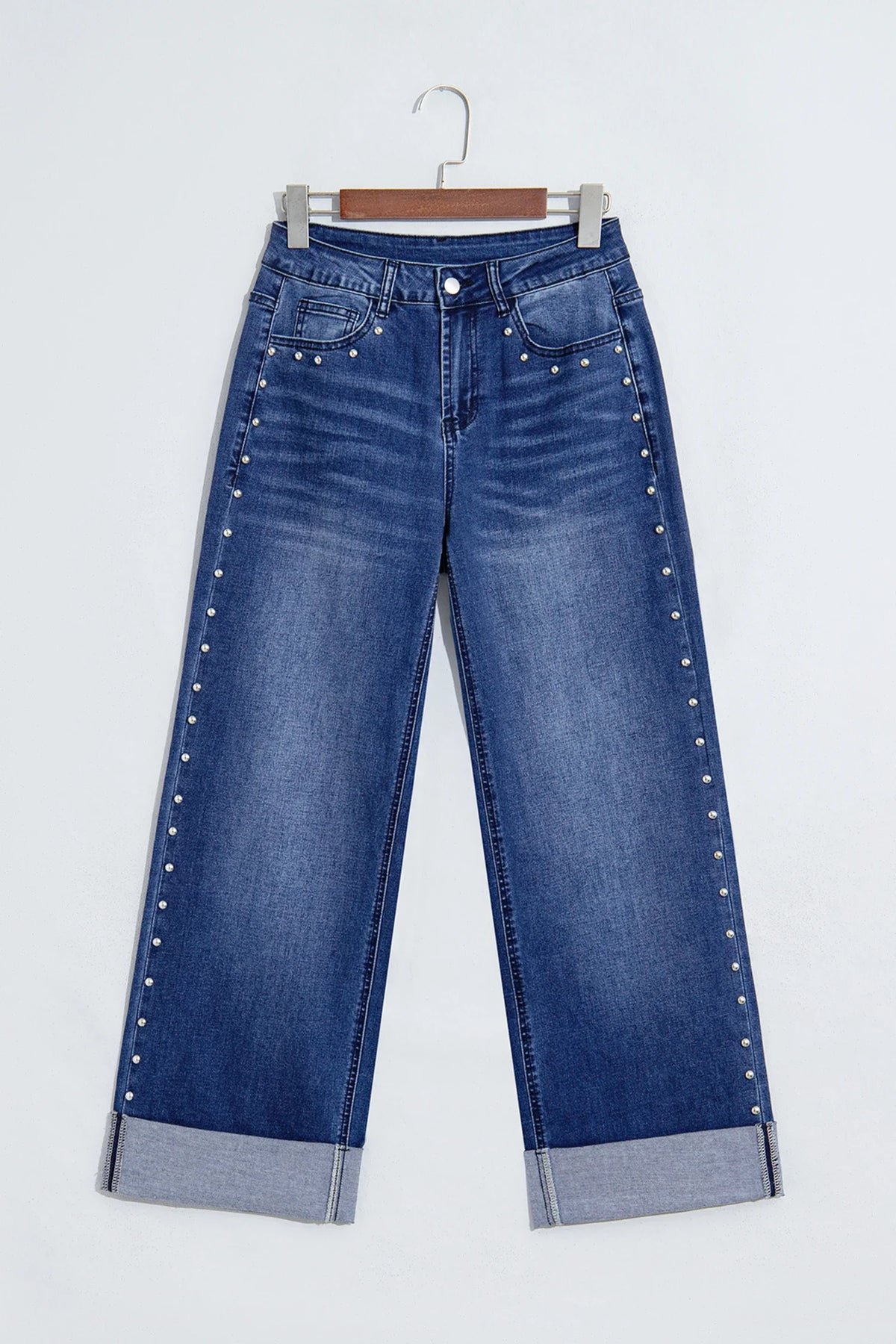 Solid Denim Studded Side Seam Straight Leg Jeans