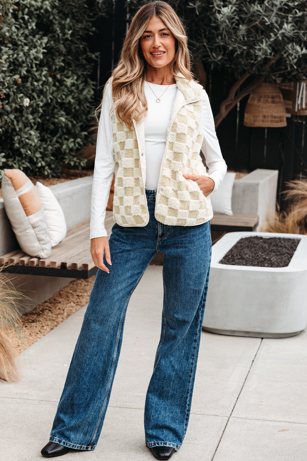 Stevie Sherpa Checkerboard Button Vest With Pocket