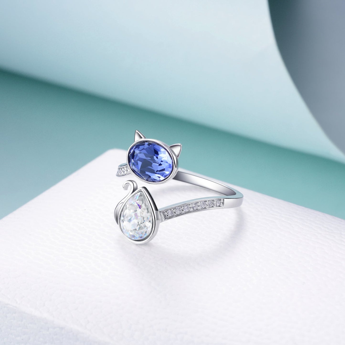 Sterling Silver Cat Ring Blue Purple Crystals from Austria Cute Pet Kitten Kitty Adjustable Open Ring