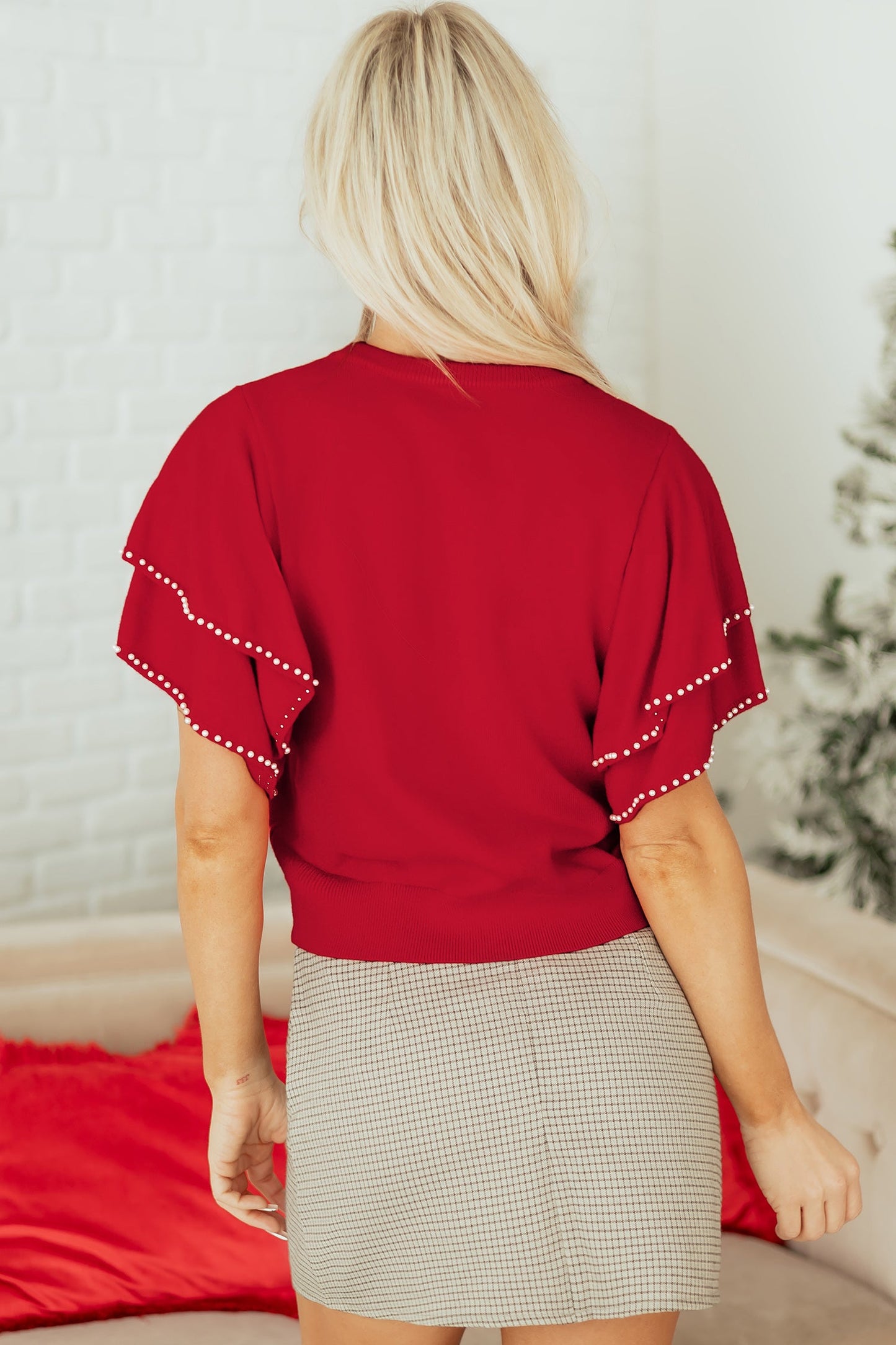 Solid Pearl Embellished Double Ruffle Sleeve Sweater