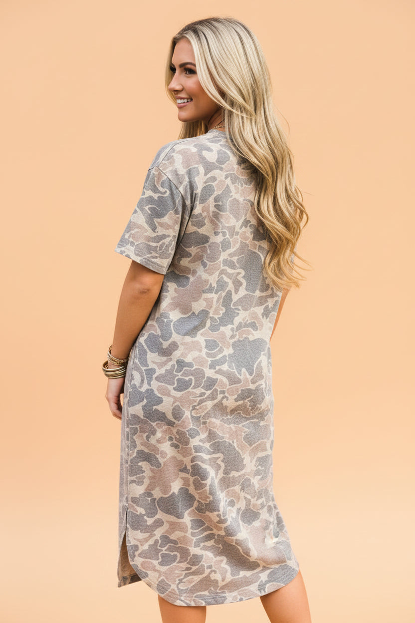 Camo Short Sleeve Drop Shoulder Side Slit Dress