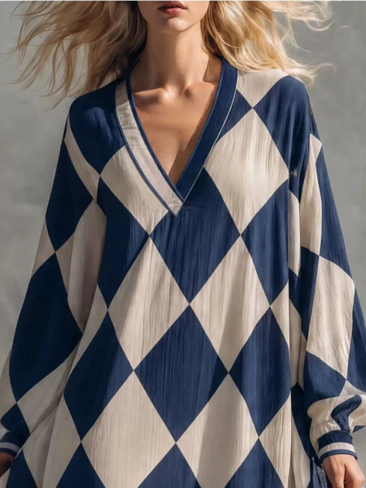 Argyle Pattern V-Neck Long Sleeve Dress