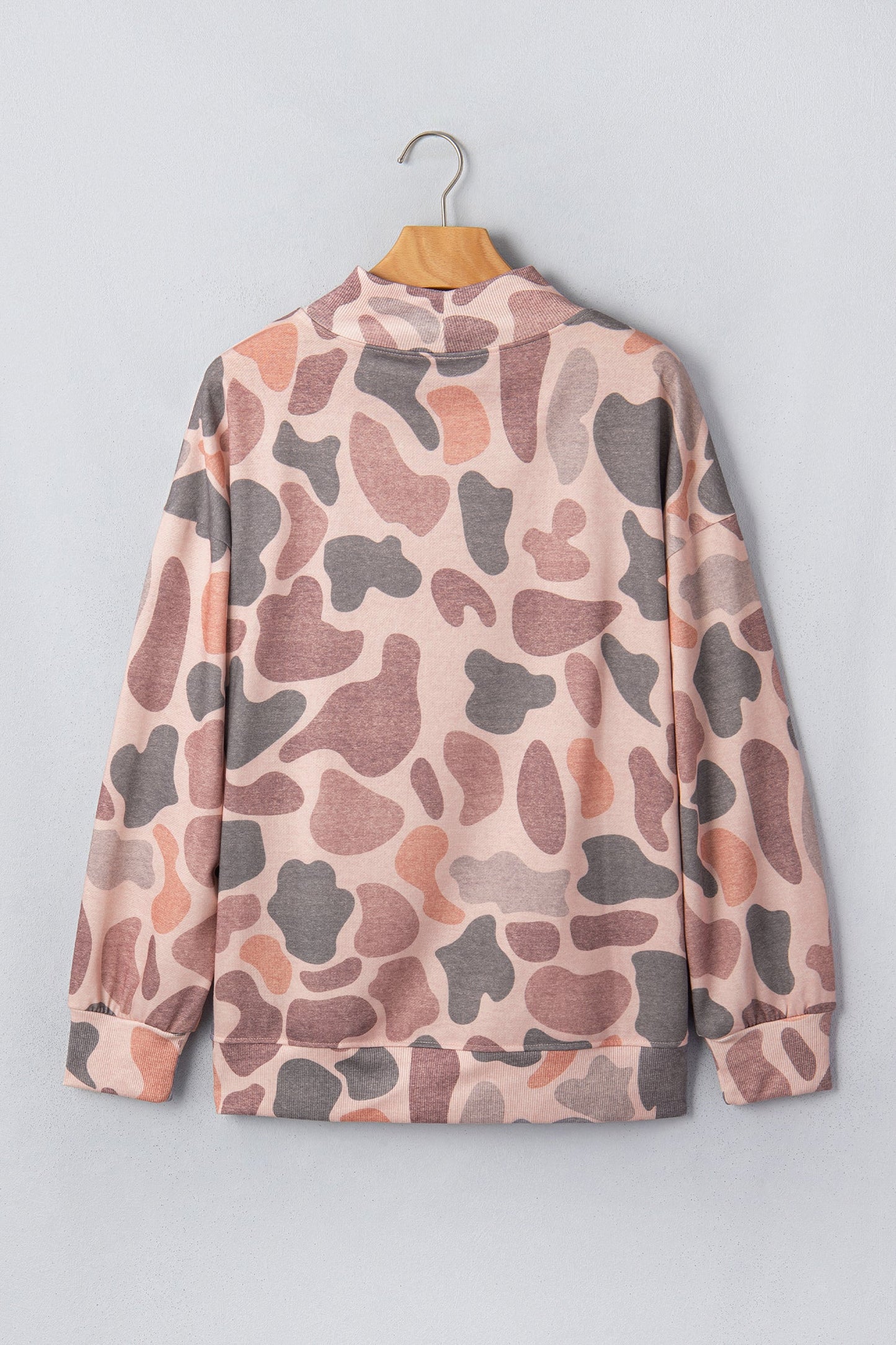Camo Ribbed Trim Mock Neck Long Sleeve Sweatshirt