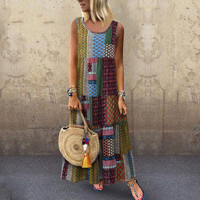 National style printed sleeveless plus size midi skirt