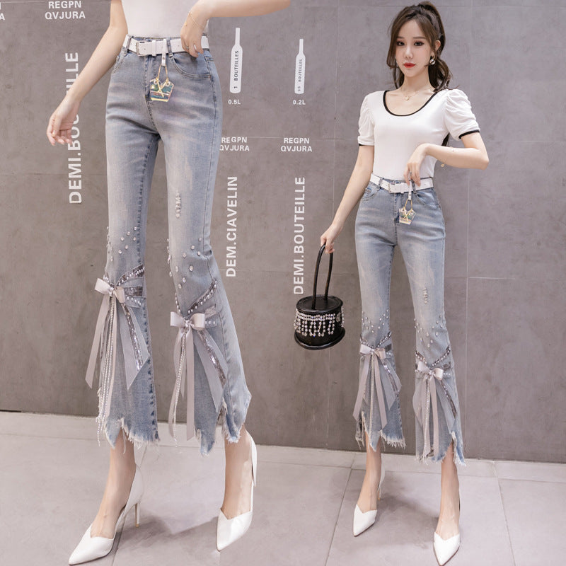 Irregular Heavy Craft Beaded Flared Pants