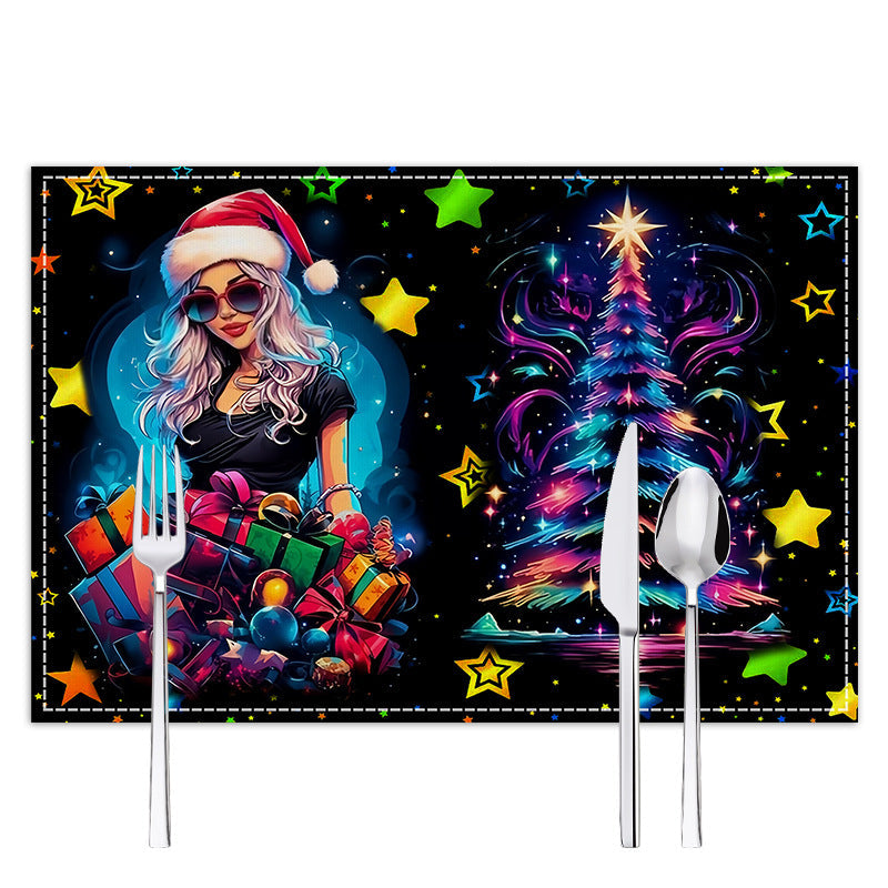 Christmas table mat with white linen starry sky and Santa Claus print