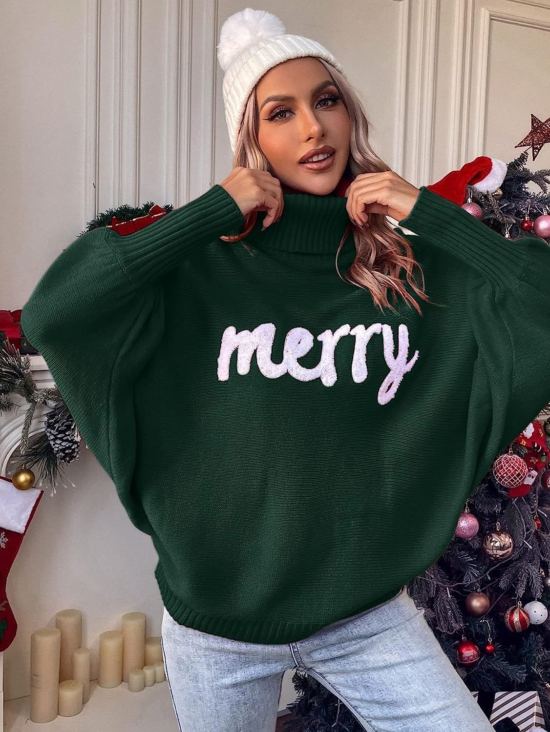 European And American Cross-border Christmas Turtleneck Women's Clothing Amazon Autumn And Winter Loose Bat Sleeve Outerwear Knitted Top Women