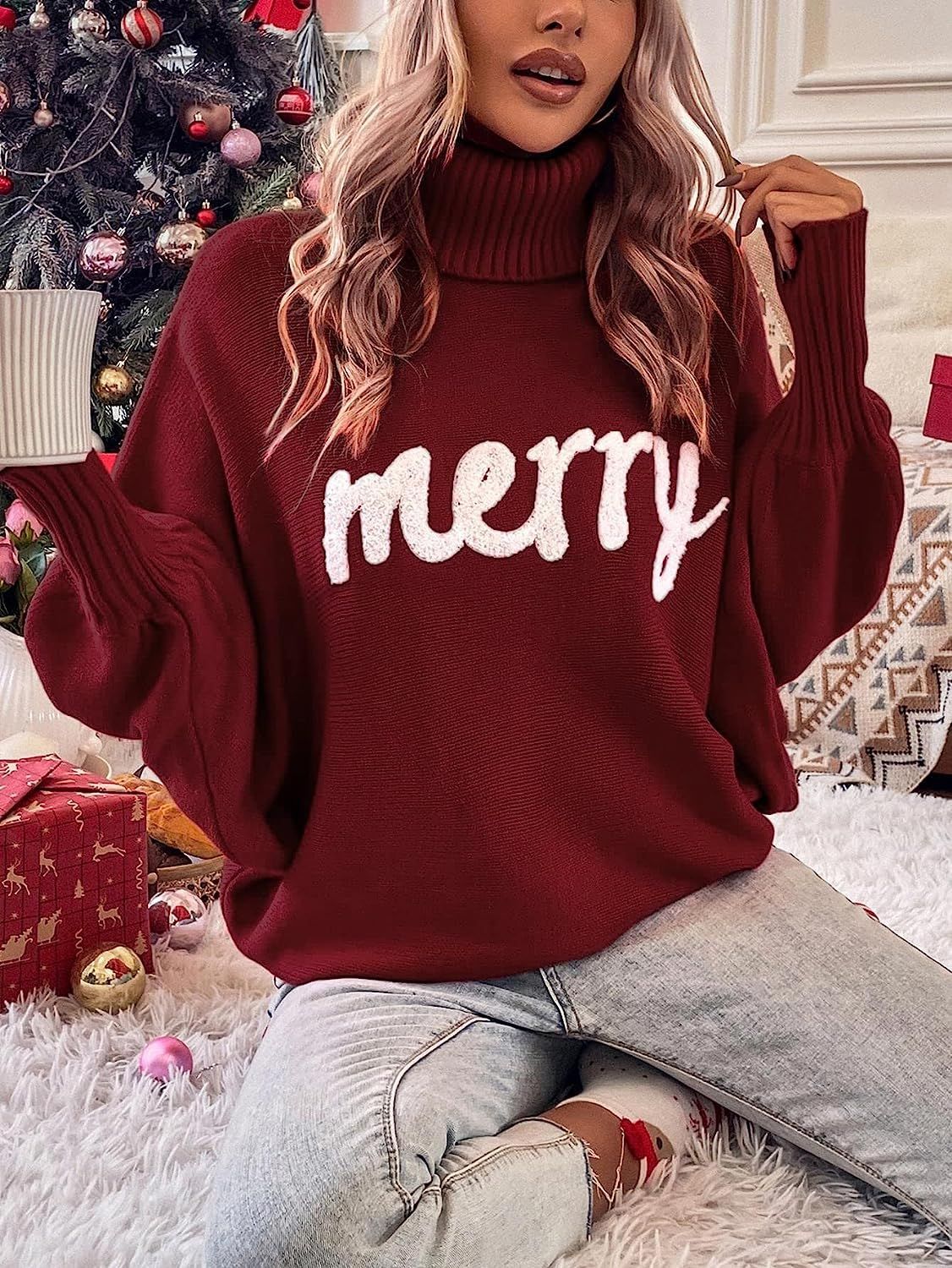European And American Cross-border Christmas Turtleneck Women's Clothing Amazon Autumn And Winter Loose Bat Sleeve Outerwear Knitted Top Women
