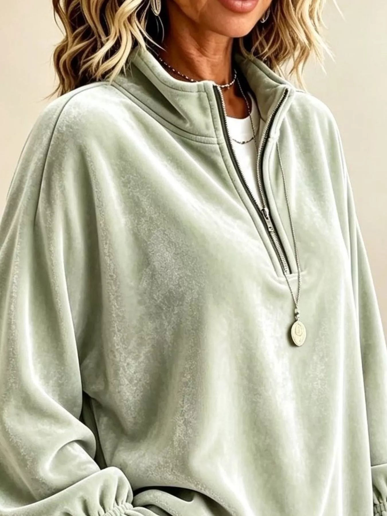 Velvet Quarter-Zip Sweatshirt with Ruffled Cuffs