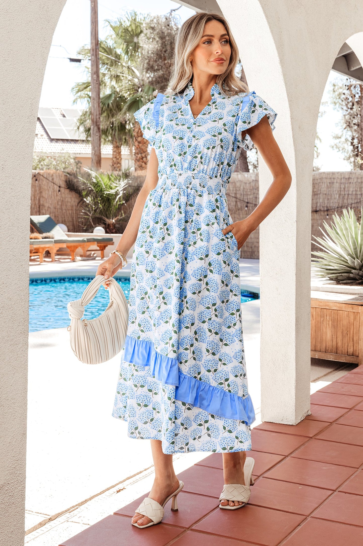 Floral Hydrangea Ruffle Trim Flutter Sleeve Maxi Dress