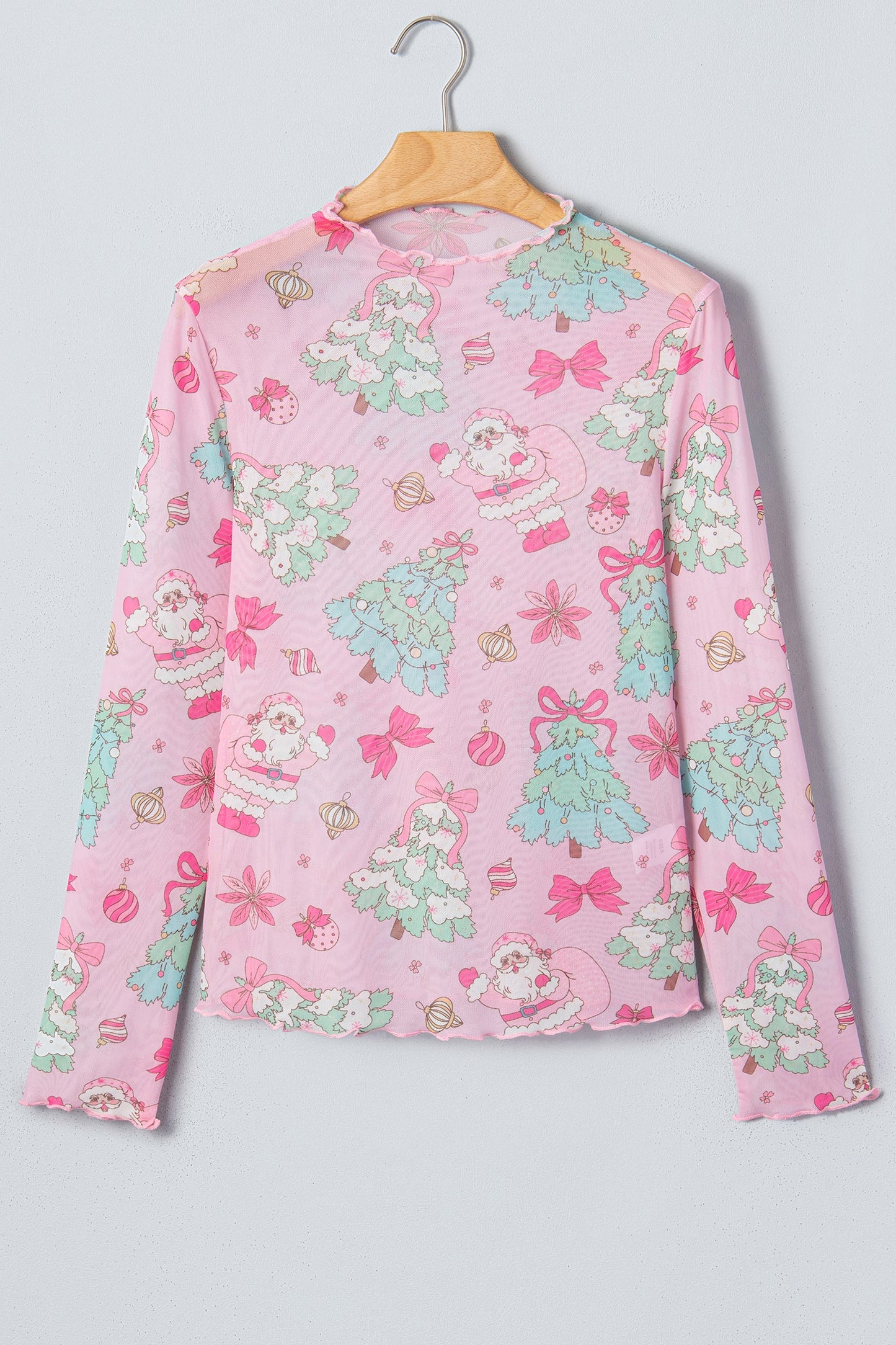Christmas Mesh Lettuce Trim Long Sleeve Top