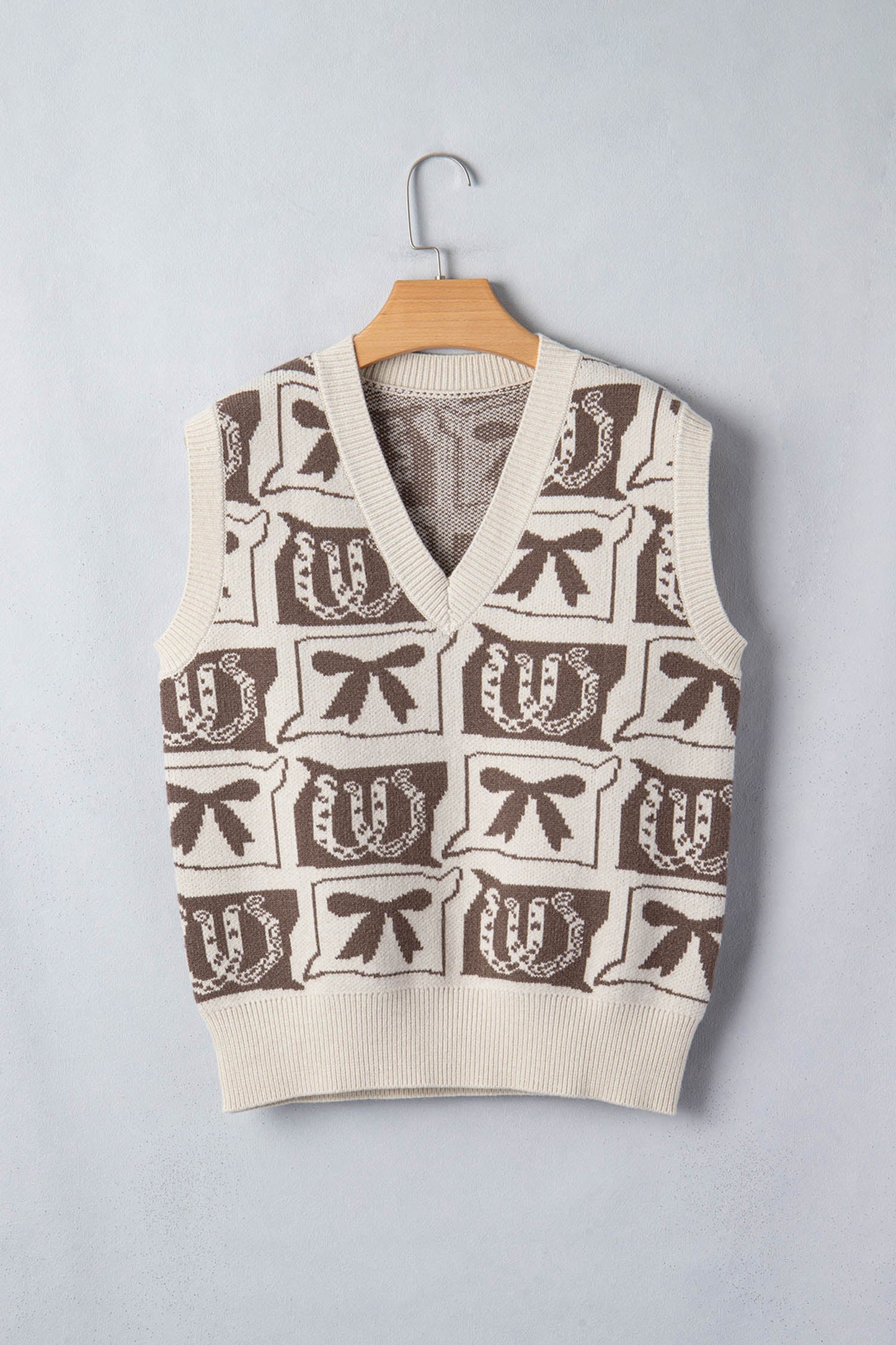 Western Horseshoes & Bows Sleeveless V-Neck Sweater Top