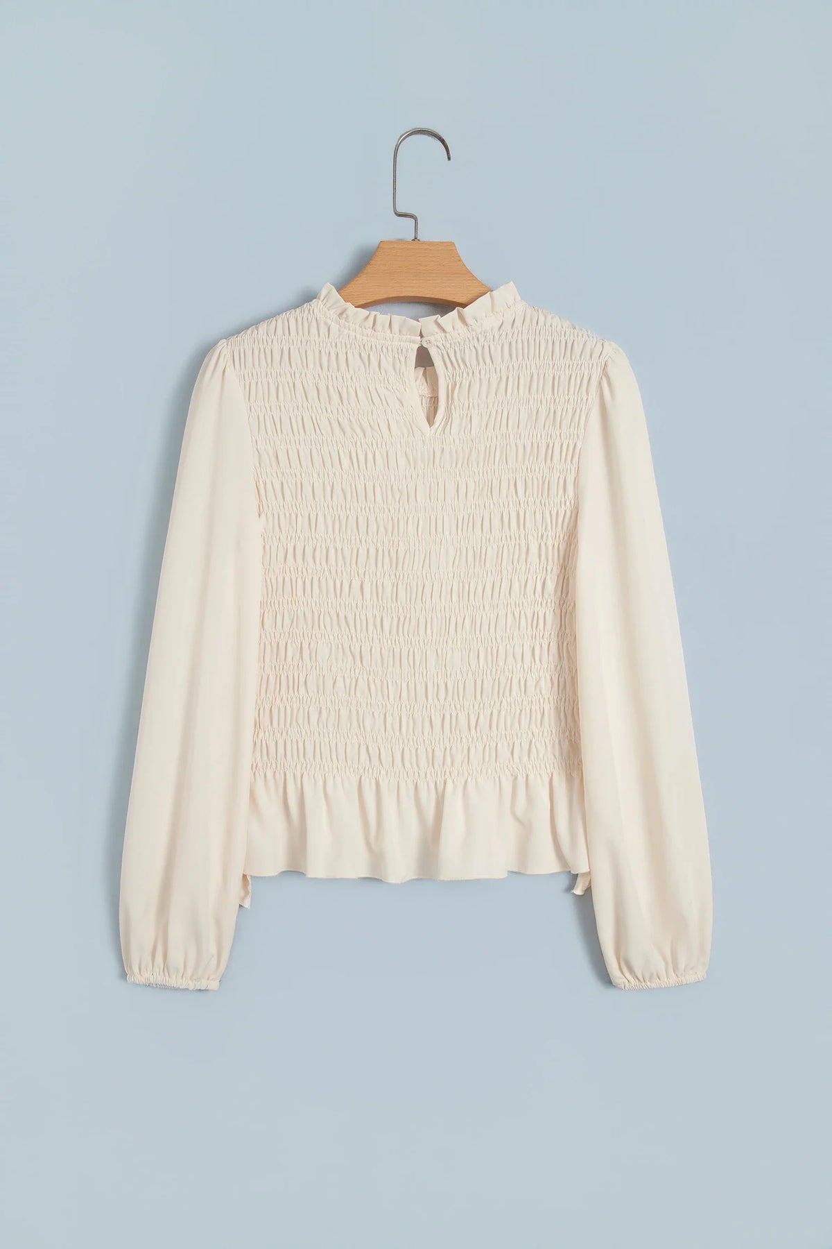 Solid Smocked Ruffle Hem Long Sleeve Blouse
