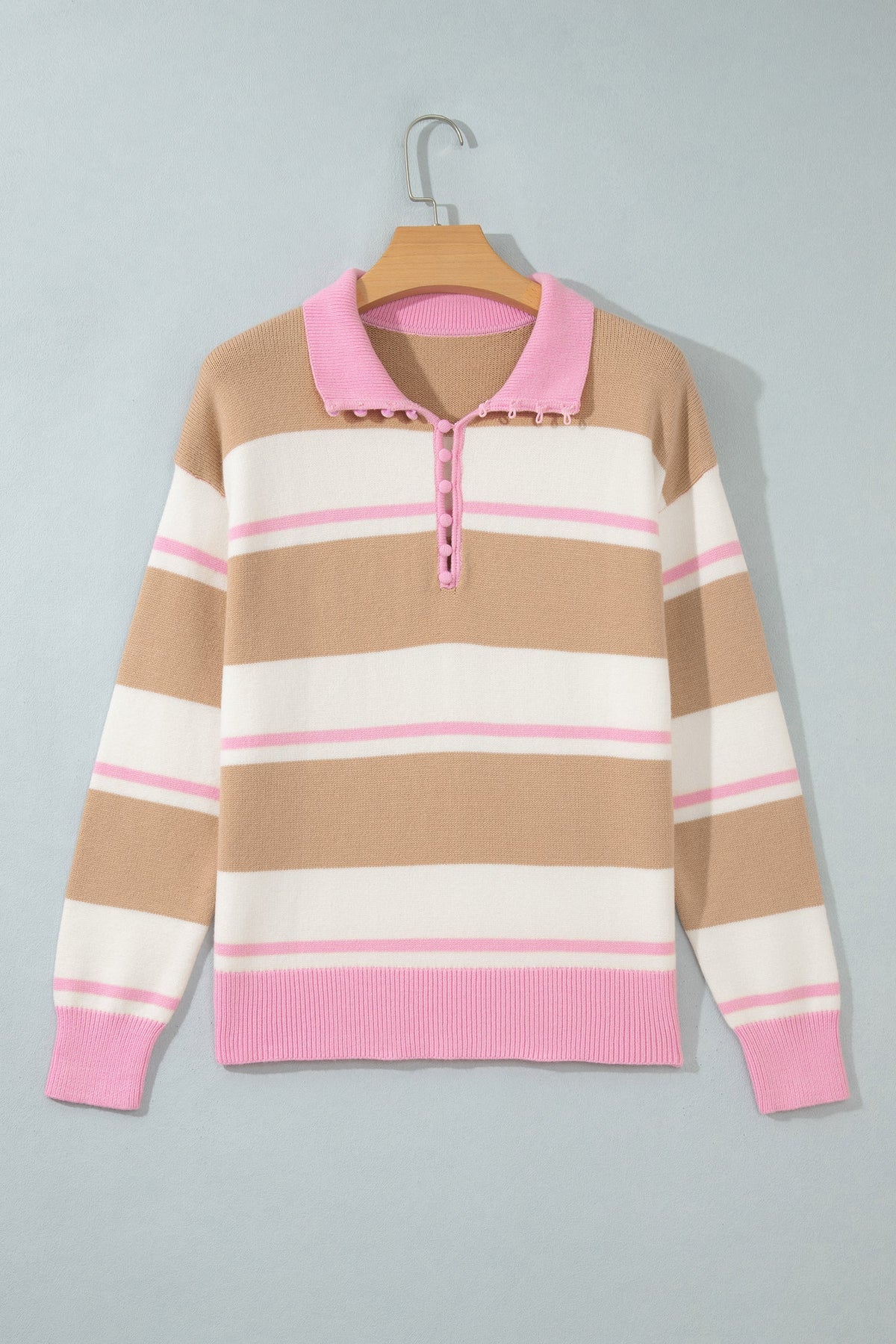 Stripe Colorblock Buttoned Collar Drop Shoulder Sweater