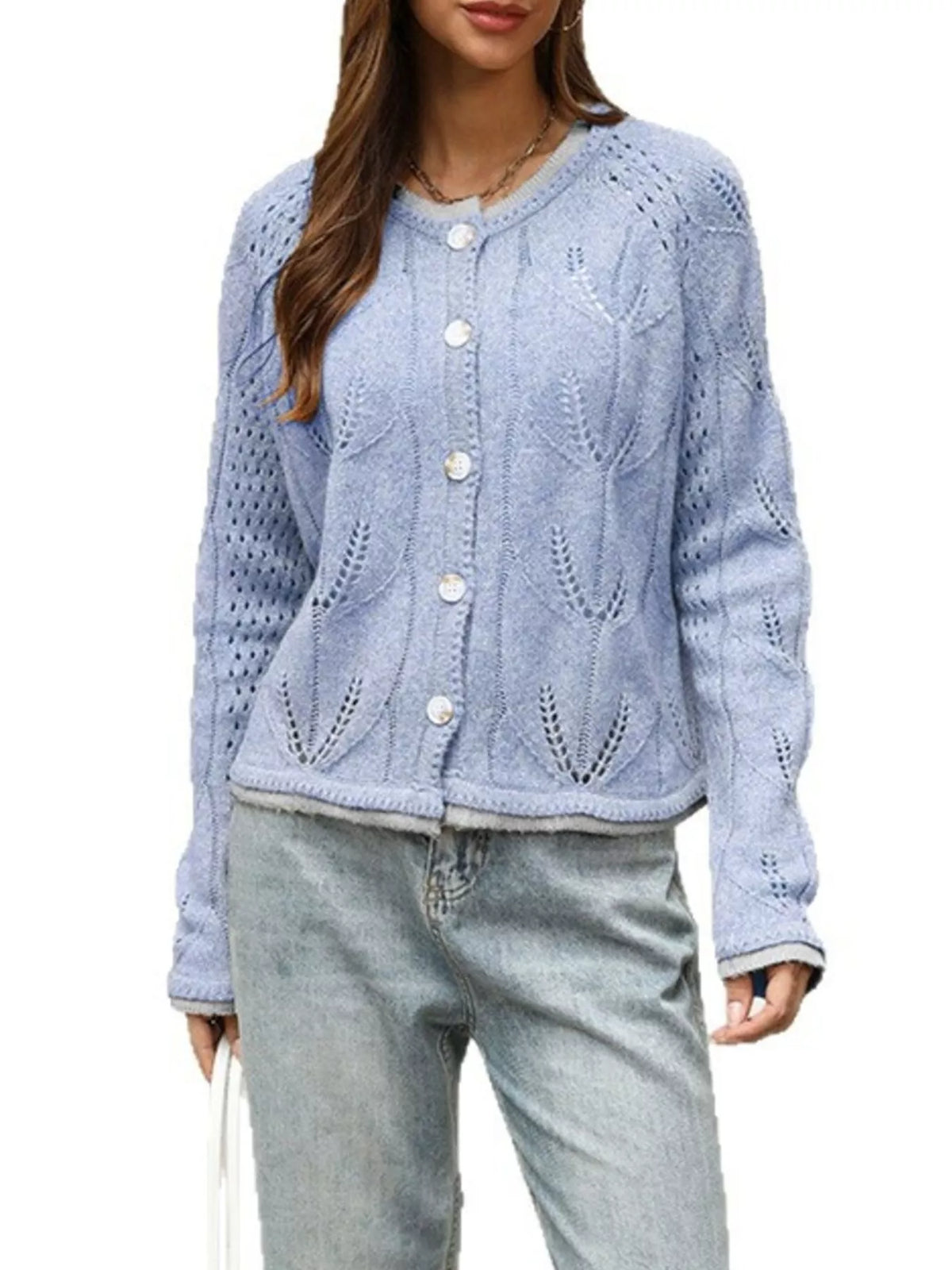 Hollow-Out Knit Button-Down Cardigan