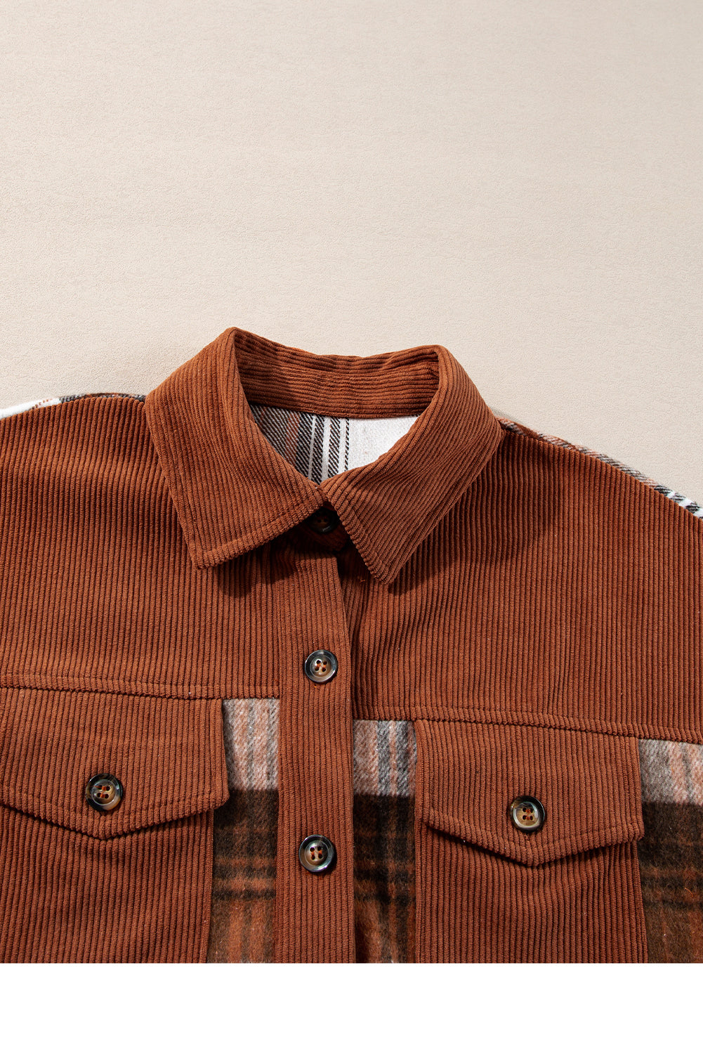 Plaid Corduroy Patchwork Pocketed Shacket