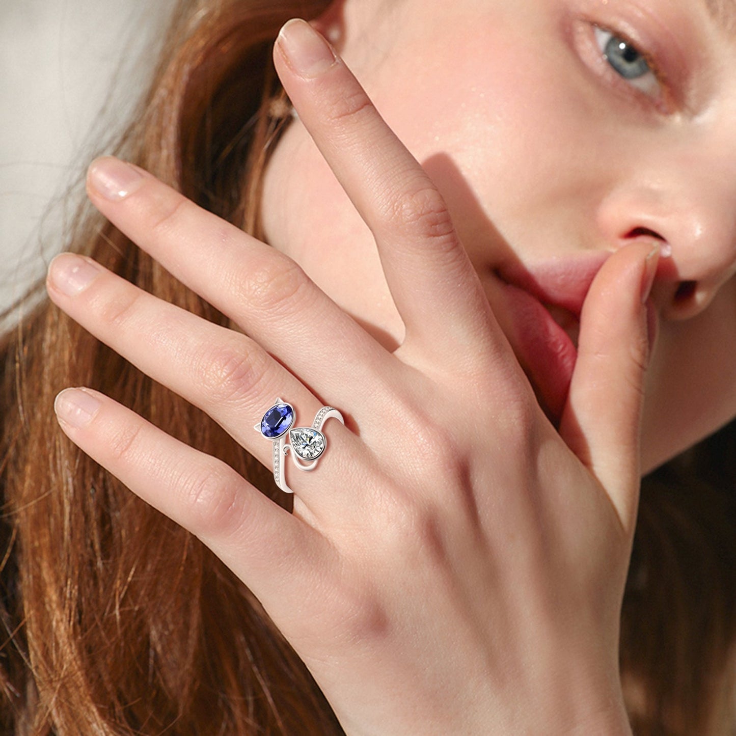 Sterling Silver Cat Ring Blue Purple Crystals from Austria Cute Pet Kitten Kitty Adjustable Open Ring