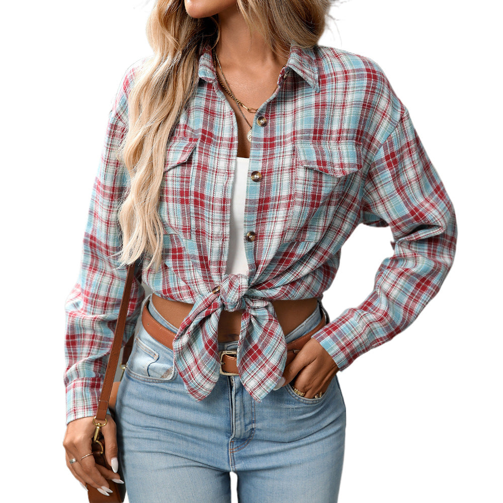Autumn And Winter Cross-Border European And American Clothing 2025 New Casual Fashion Loose Plaid Pocket Shirt For Women