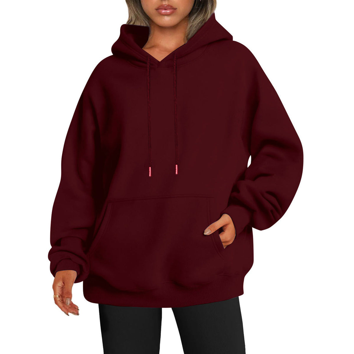 Women's Solid-color Loose-fit Drop-shoulder Hooded Sweatshirt