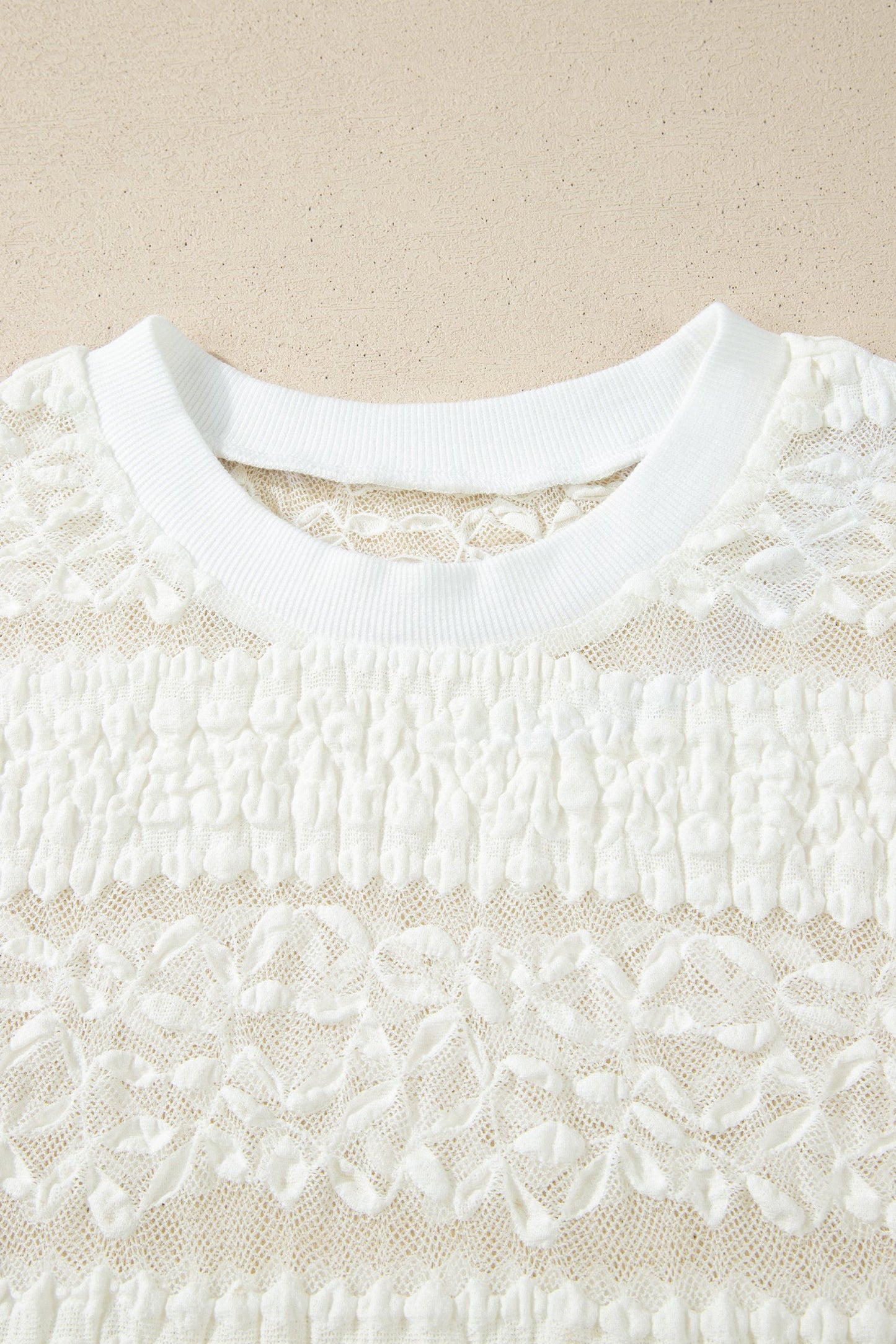 Sheer Lace Textured Patchwork Short Sleeve Top