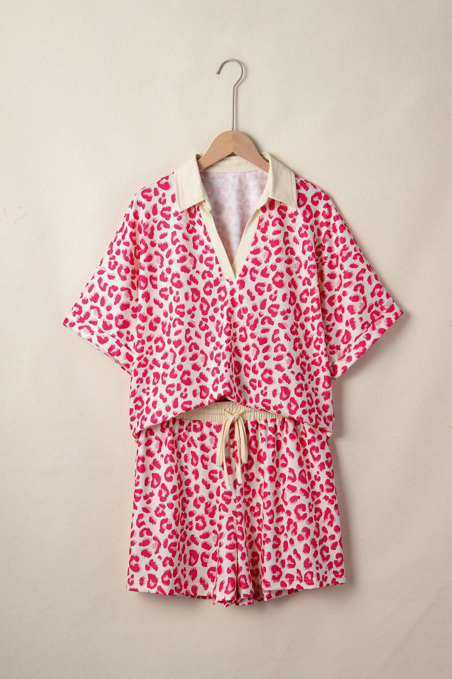 Leopard Collared V-Neck Top & Shorts Set