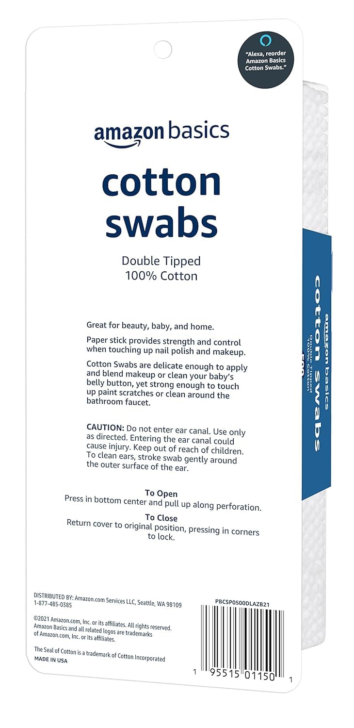 Amazon Basics Double-Tipped Cotton Swabs for Personal Hygiene and Baby Care, Cotton, Versatile, Baby Safe, 500 Count