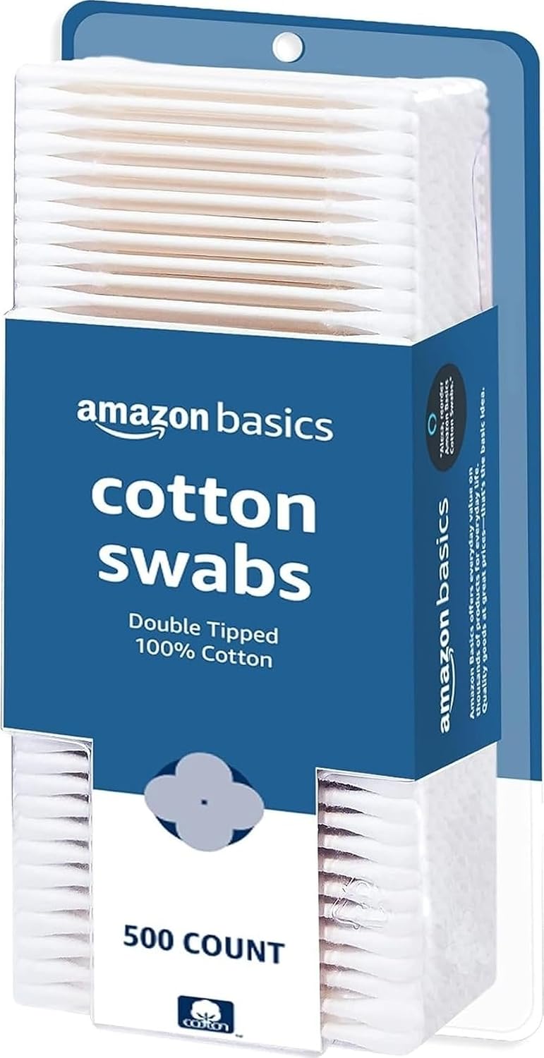Amazon Basics Double-Tipped Cotton Swabs for Personal Hygiene and Baby Care, Cotton, Versatile, Baby Safe, 500 Count