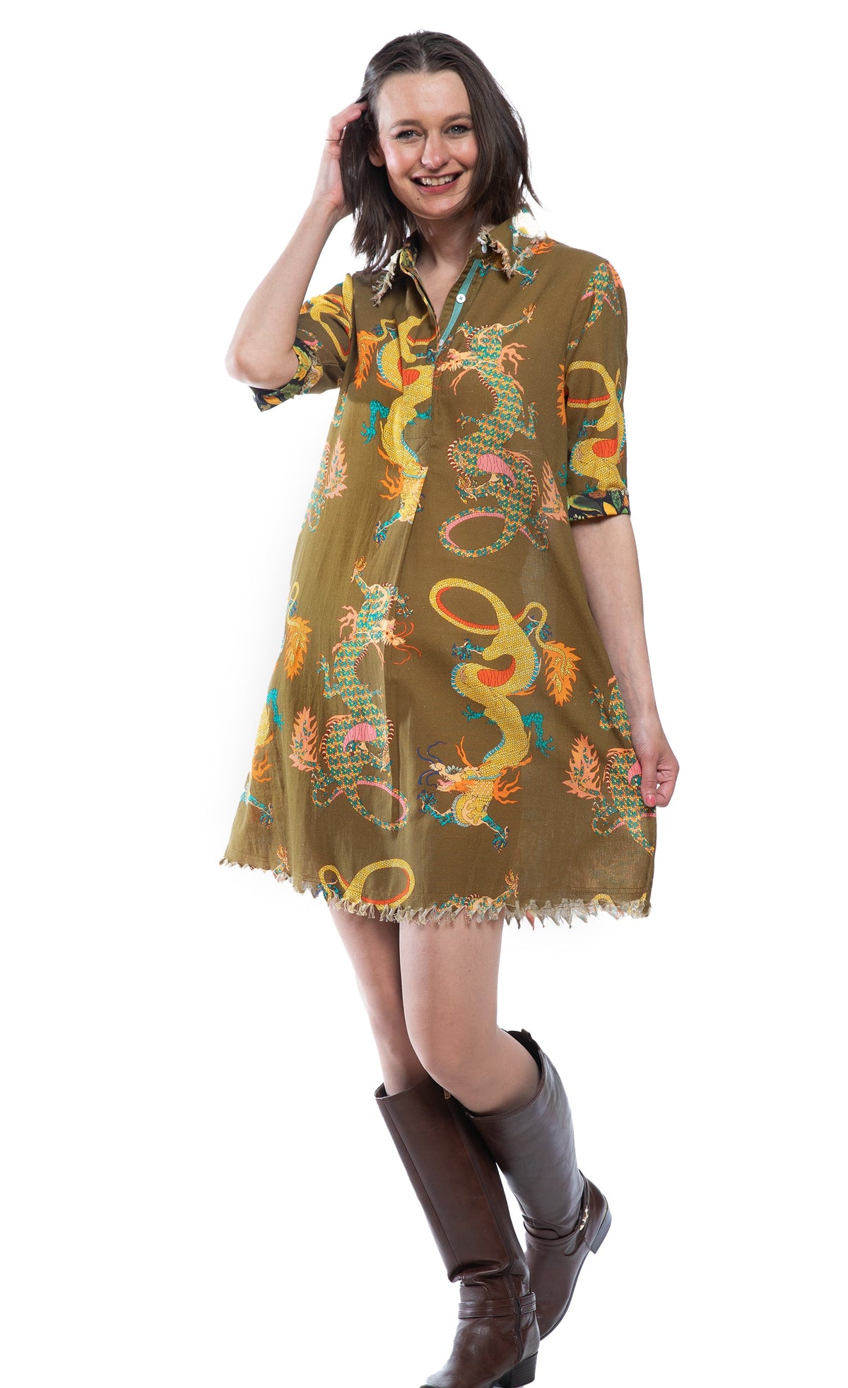 Chatham Dress Olive Dragon Print