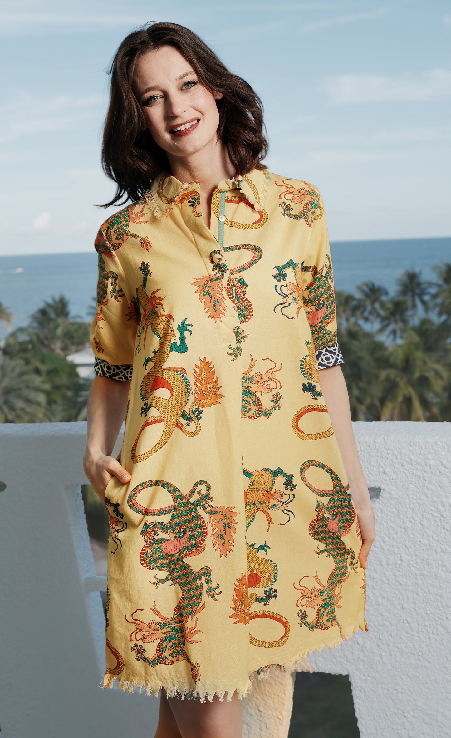 Chatham Butter Yellow Ground Dragon Print Cotton Linen
