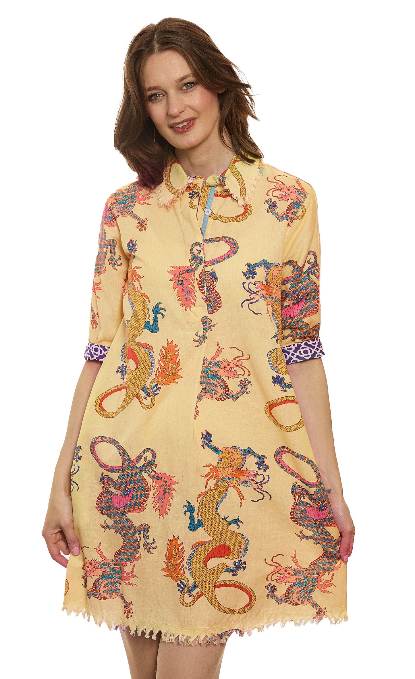 Chatham Butter Yellow Ground Dragon Print Cotton Linen