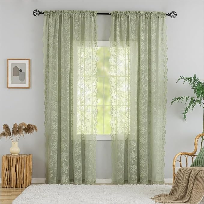 YJ YANJUN Vintage Lace Curtains -Victorian Floral Sage Green 102 inches Curtains
