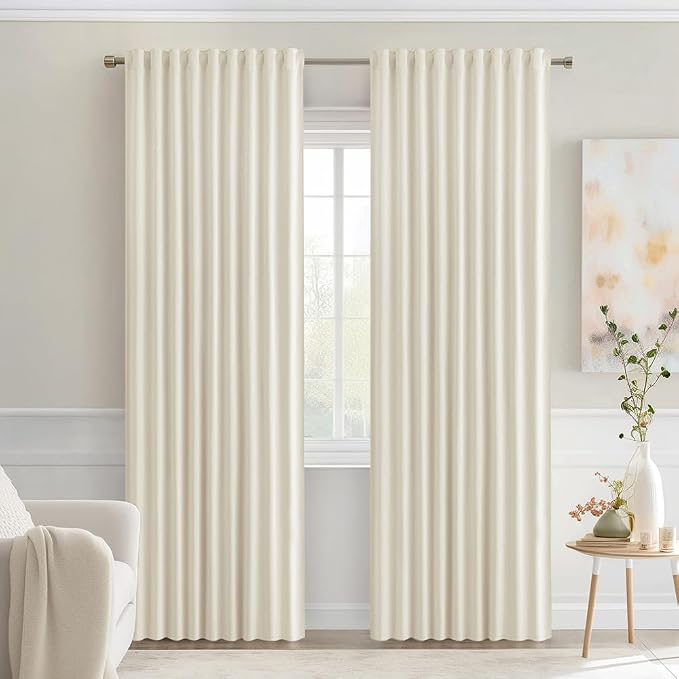 MIULEE Beige White Back Tab Blackout Curtains 52x72 Inches Long 2 Panel Set |