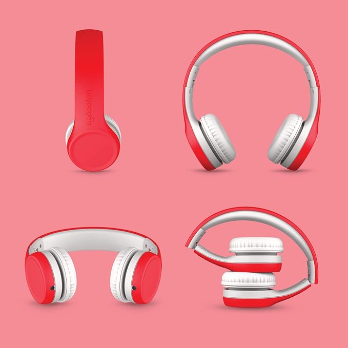 LilGadgets Connect+ Wired Kids Headphones for School with Mic, Volume Limited & Noise Reduction, On-Ear Headset with Cord, SharePort Technology for Multiple Kids & SoftTouch Padding, Red