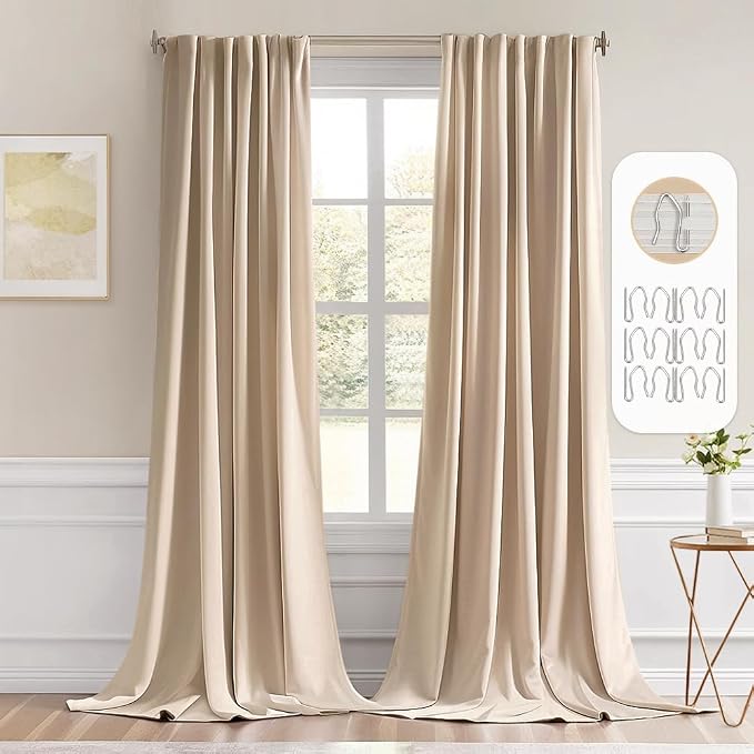 MIULEE Beige Back Tab Blackout Curtains 52x96 Inch Long 2 Panels Set | Rod