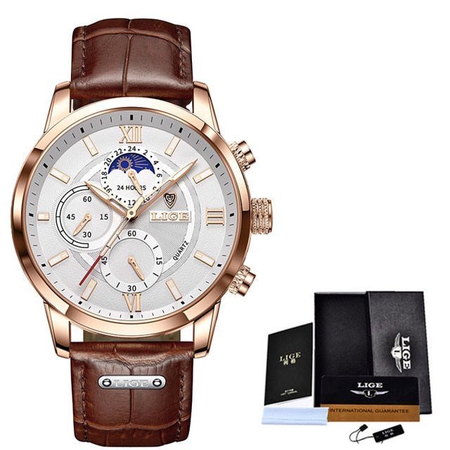 LIGE Men's Watches Top Brand Luxury Men Wrist Watch Leather Quartz Watch Sports Waterproof Male Clock Relogio Masculino+Box