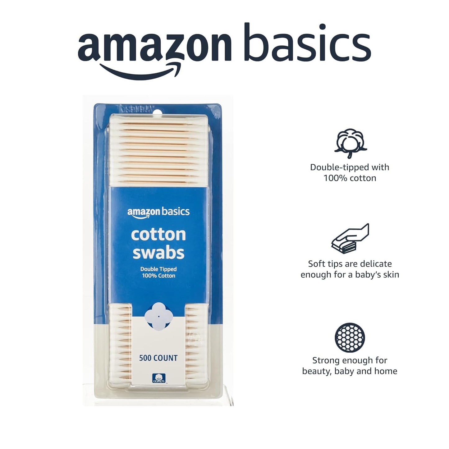 Amazon Basics Double-Tipped Cotton Swabs for Personal Hygiene and Baby Care, Cotton, Versatile, Baby Safe, 500 Count