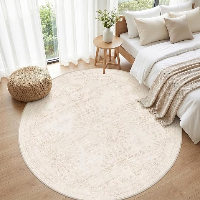 Round Area Rug Living Room: 6ft Neutral Washable Carpet Rug Beige | Vintage