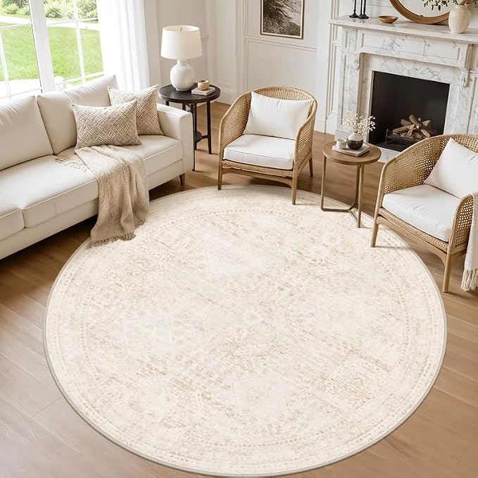 Round Area Rug Living Room: 6ft Neutral Washable Carpet Rug Beige | Vintage