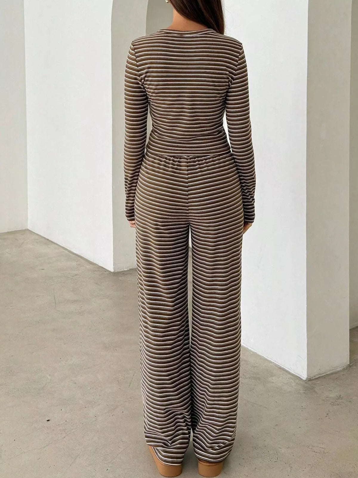 Striped Long Sleeve Crop Top and Wide Leg Pants Two-Piece Set