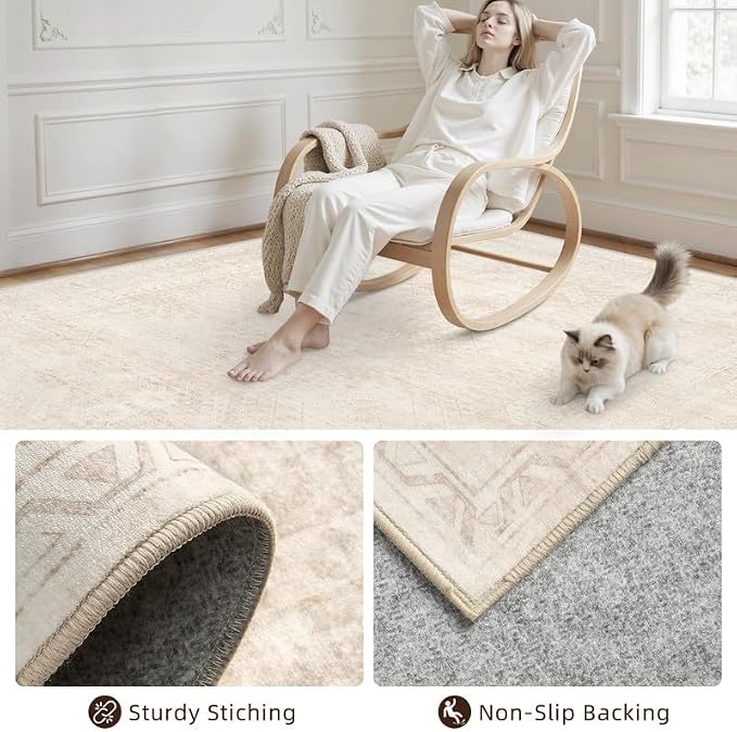 Round Area Rug Living Room: 6ft Neutral Washable Carpet Rug Beige | Vintage