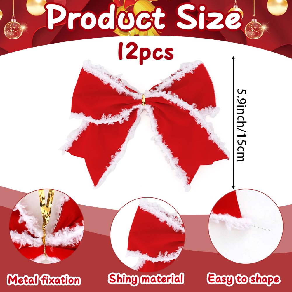12 PCS Red Christmas Bows, 6 Inch Large Wreaths Bows for Christmas Tree Gift Wrapping Garland Xmas Tree Bow Ribbon Ornaments for Christmas Decoration Holiday Basket Christmas New Year Party Decor