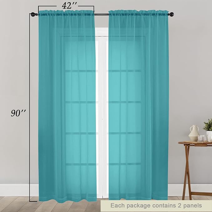 Turquoise Sheer Curtains for Bedroom Living Room 90 Inches Long 2 Panels Set