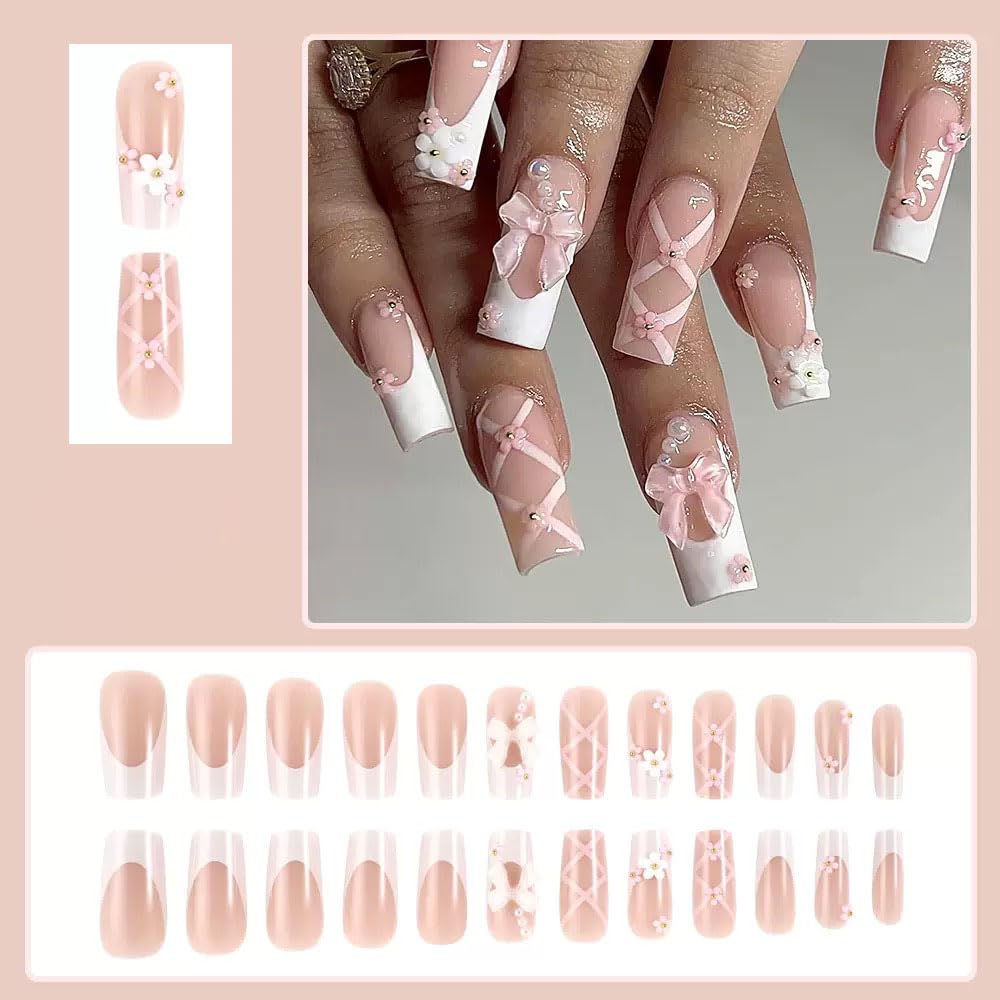 PIVHWIR 29-Piece Long Press-On Nails, Pink Bow Flower Design
