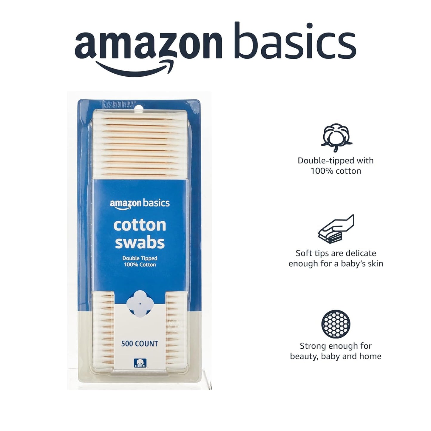 Amazon Basics Double-Tipped Cotton Swabs for Personal Hygiene and Baby Care, Cotton, Versatile, Baby Safe, 500 Count