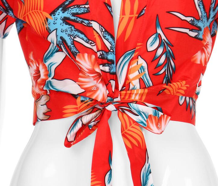 Print short-sleeved short blouse