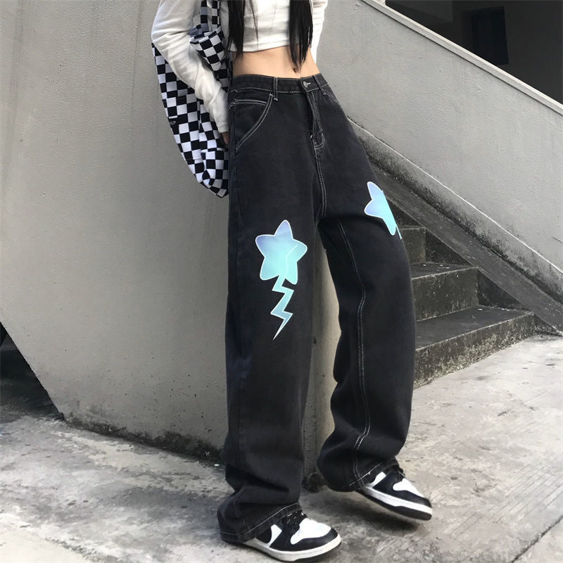 Letter Star Loose High Waist Straight Wide Leg Long Pants