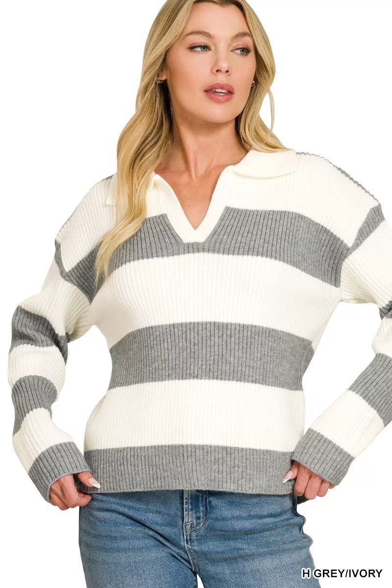 Zenana Striped Collared Sweater