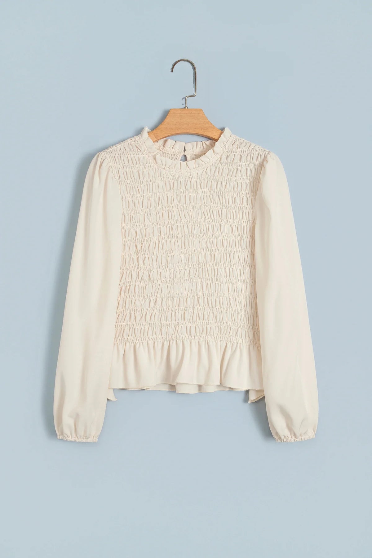 Solid Smocked Ruffle Hem Long Sleeve Blouse