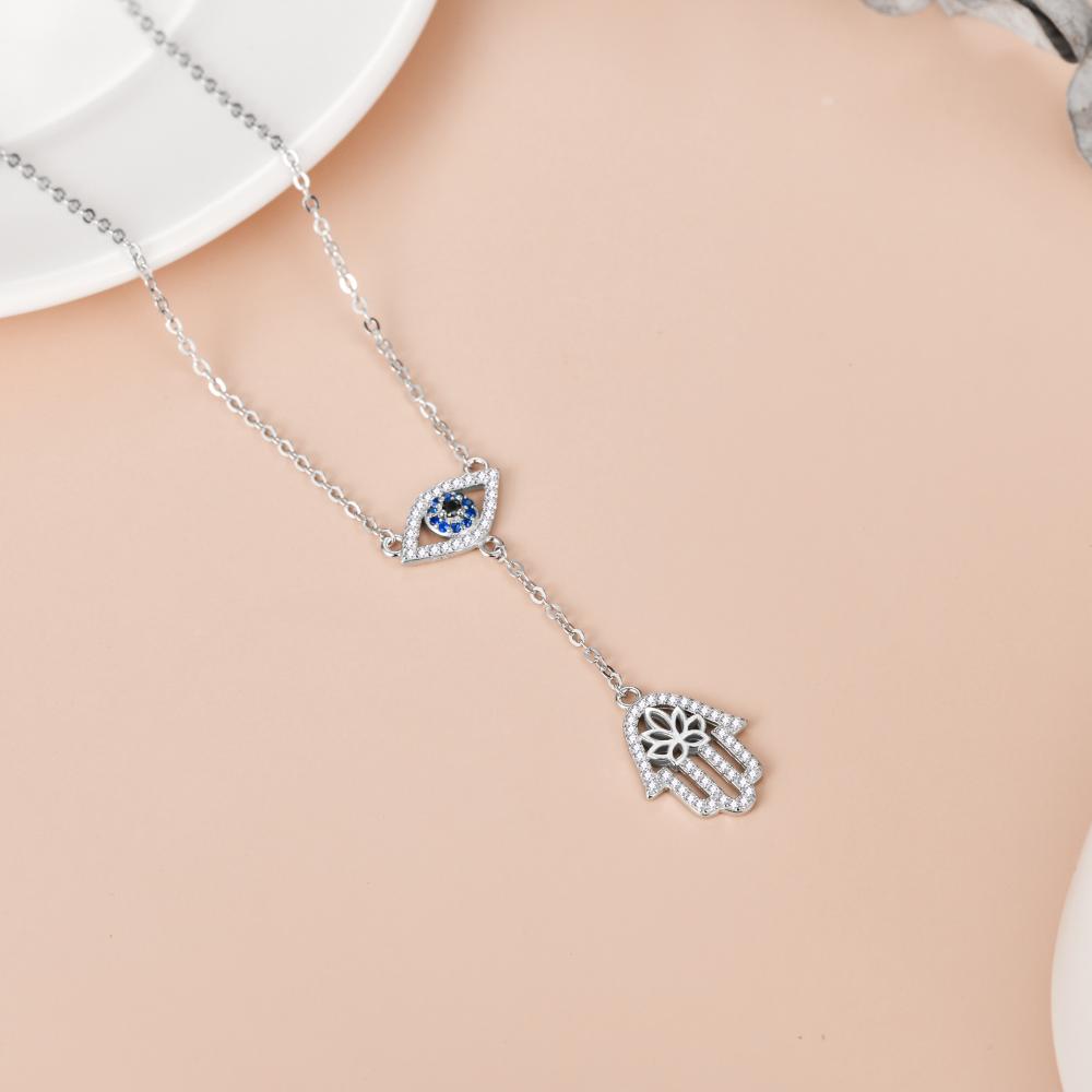 925 Sterling Silver Hamsa Hand Evil Eye Pendant Cubic Zirconia Protection Amulet Necklace